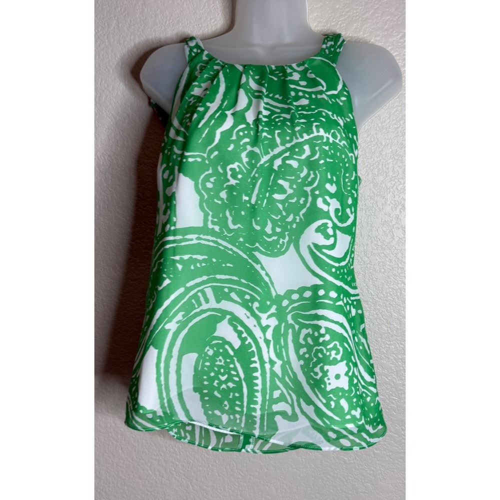 Banana Republic Size 4 Blouse Green White Paisley Halter Pleated Neck Sleeveless